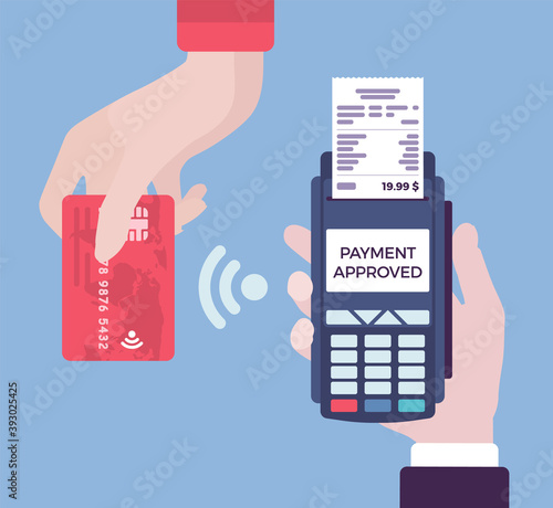 Credit card processing service, system in point of sale, POS. Hands close up accept contactless payments using terminal machine, portable device retail location. Vector flat style cartoon illustration