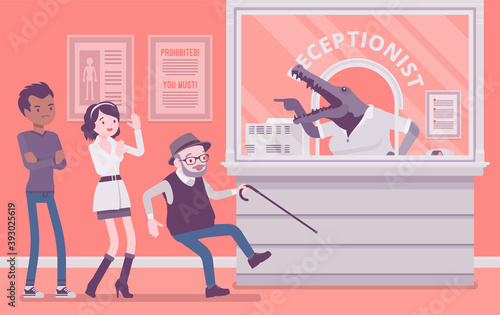 Angry rude hospital receptionist with aggressive crocodile face. Patients in medical clinic office attacked by alligator woman at reception, impolite greeting. Vector creative stylized illustration