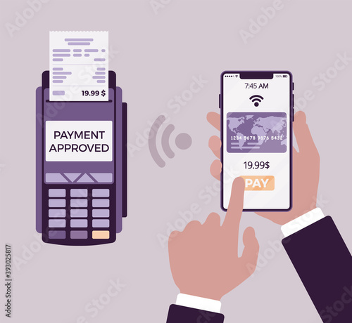 Credit card processing system, mobile phone merchant service. Hands close up make contactless payments using mobile phone, smartphone application platform. Vector flat style cartoon illustration