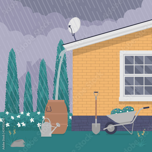 Rainwater rooftop harvesting system, collecting rain run-off in barrel. Runoff collection and storage of rainfall for reuse in household, garden in dry seasons. Vector creative stylized illustration