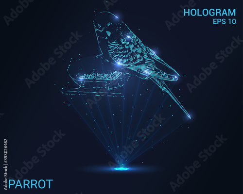 Parrot hologram. Holographic projection of a parrot. A flickering energy stream of particles. The scientific design of parrot.