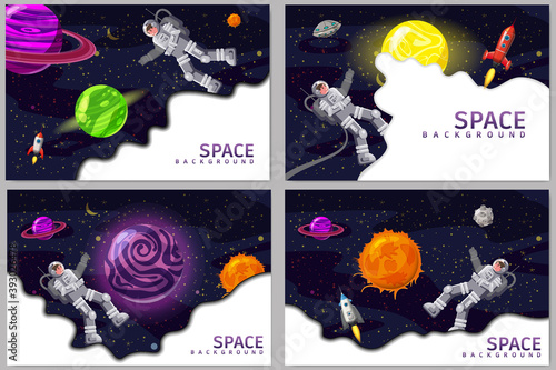 Set Space card backgrounds with spaceman, rocket, UFO, sun, stars. Austronaut panoramic space templates