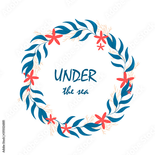 Vector seaweed wreath with sea stars. Cartoon sea life.