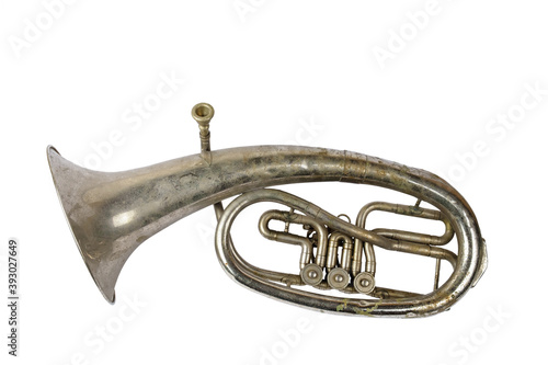 Old vintage tenor horn isolated on a white background