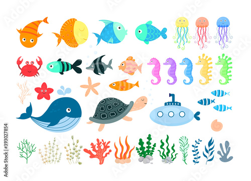 Cartoon sea life. Marine and oceanic fauna. Vector