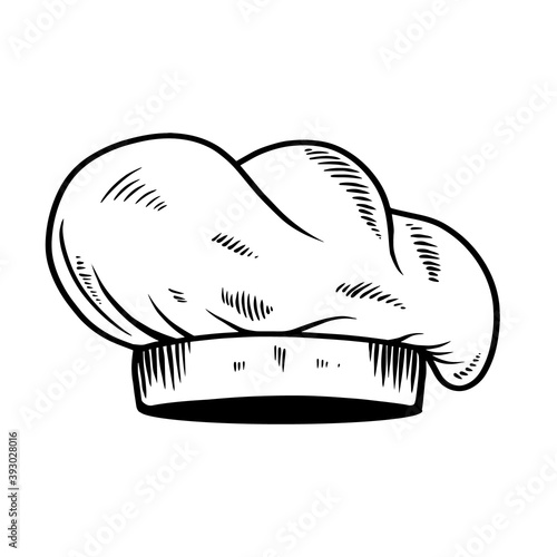 Illustration of chef hat in engraving style. Design element for emblem, sign, poster, card, banner, flyer. Vector illustration