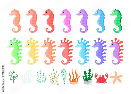 Seahorse vector cartoon set. Ocean fauna starfish crab water corals algae. Vector sea elements for children design.