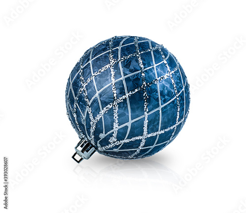 blue christmas ornament with stripes on isolated white background