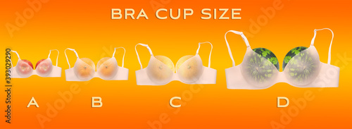 Bild auf Leinwand Underwear with different fresh fruits and text BRA CUP SIZE on color background