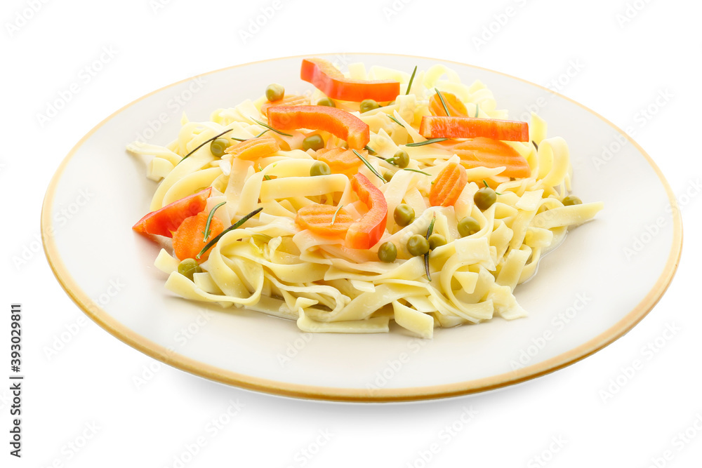 Plate with tasty pasta primavera on white background