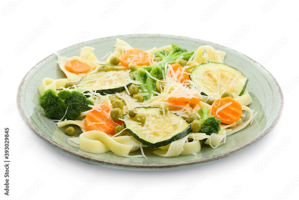 Plate with tasty pasta primavera on white background