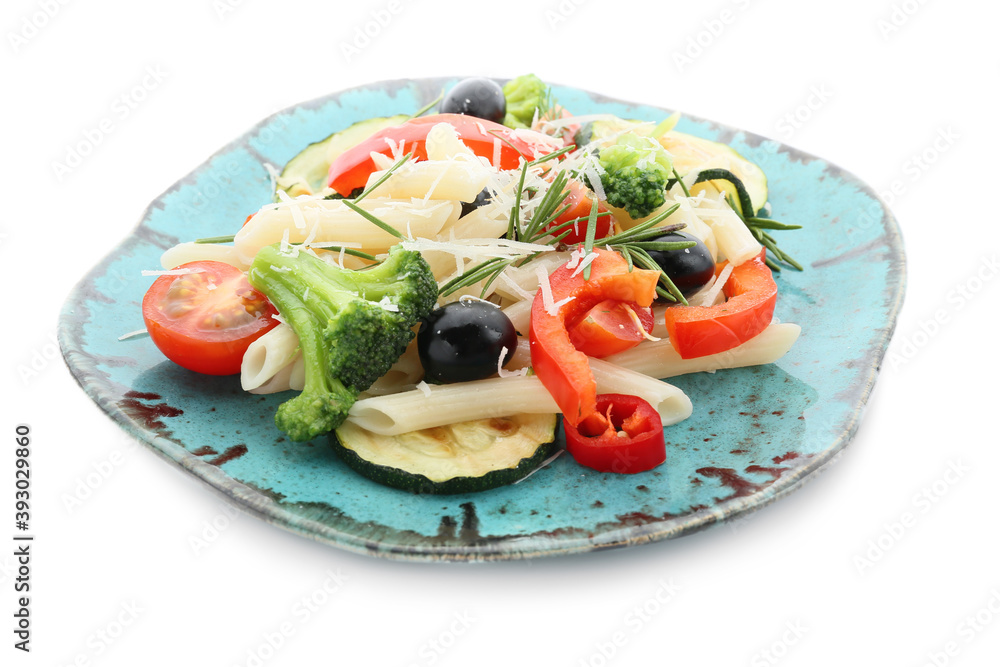 Plate with tasty pasta primavera on white background Plate with tasty pasta primavera on white background