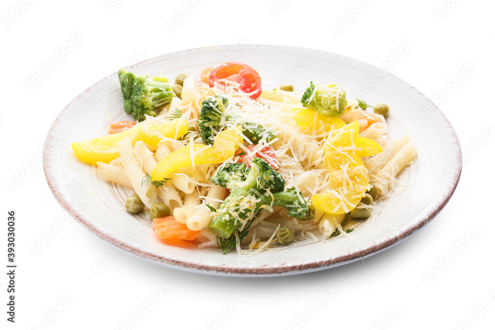 Plate with tasty pasta primavera on white background Plate with tasty pasta primavera on white background