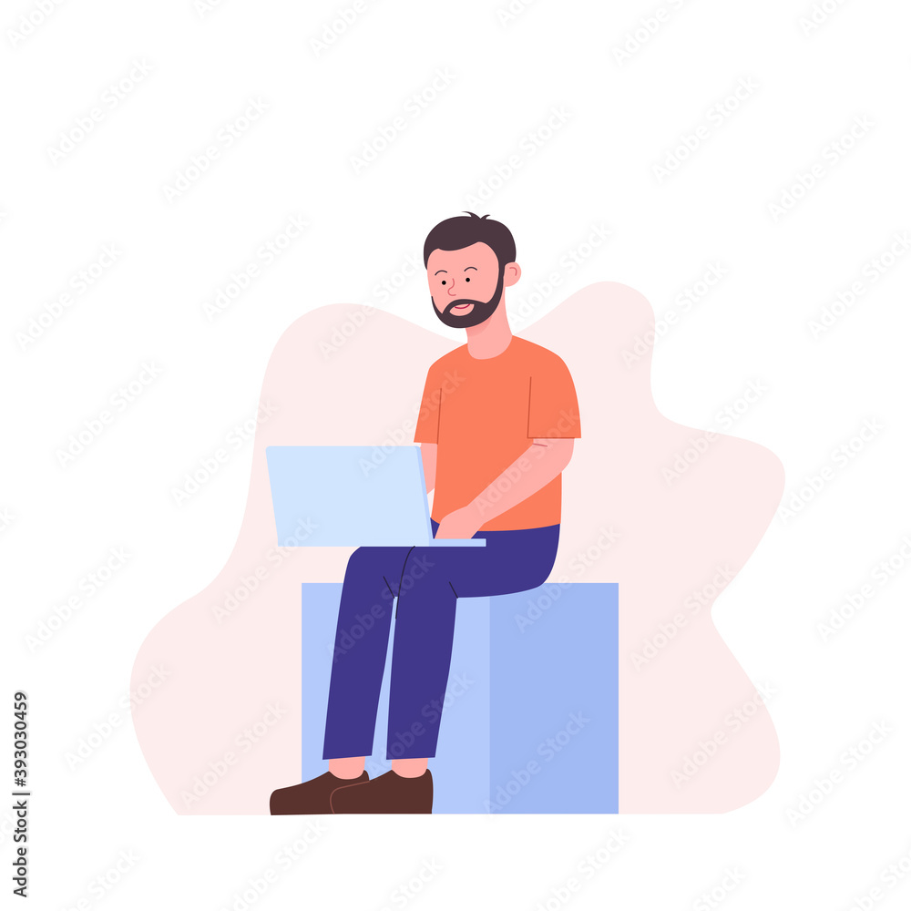 Man While Working With Laptop Flat Illustration