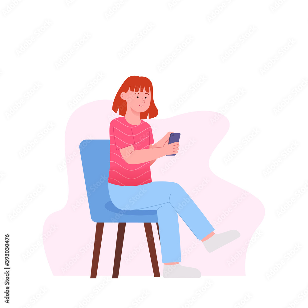 Εκτύπωση καμβά Woman Enjoy Sitting With Smartphone Flat Cartoon Illustration