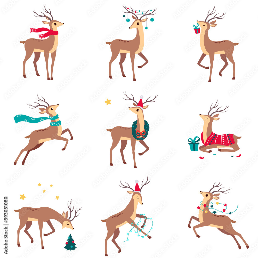 Beautiful Christmas Deers Set, Merry Xmas and New Year, Happy Winter Holidays Concept Cartoon Style Vector Illustration