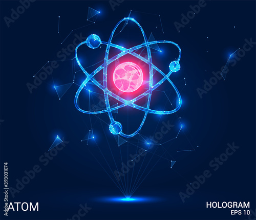 The atom hologram. Physics of polygons, triangles, points, and lines. Atom is a low-poly compound structure. The technology concept.