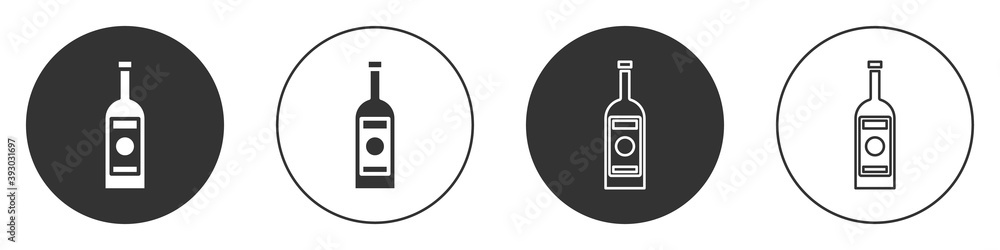Black Glass bottle of vodka icon isolated on white background. Circle button. Vector Illustration. Black Glass bottle of vodka icon isolated on white background. Circle button. Vector Illustration.