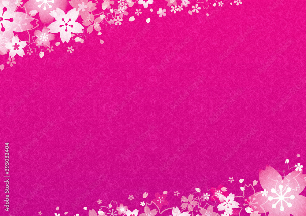 満開の桜の花の濃いピンクの背景イラスト、和紙風素材