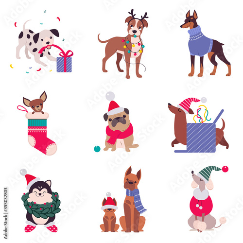 Cute Cheerful Dogs with Christmas Symbols Set, Xmas and New Year, Happy Winter Holidays Concept Cartoon Style Vector Illustration