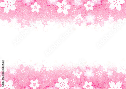 満開の桜の花の明るい背景、和紙風イラスト