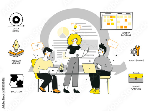 Scrum methodology for marketing design, flat vector illustration.