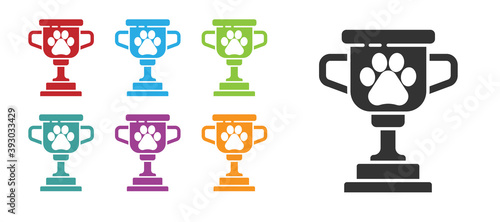 Black Pet award symbol icon isolated on white background. Medal with dog footprint as pets exhibition winner concept. Set icons colorful. Vector.
