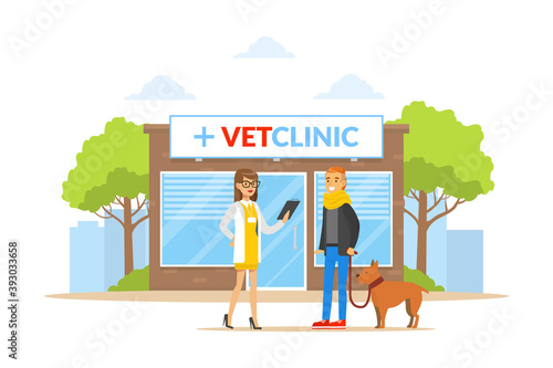 Vet Clinic Building with Doctor, Owner and Dog, Pet Care Service Cartoon Vector Illustration