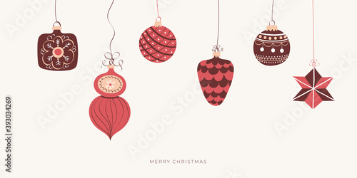 Design Merry Christmas banner template. Merry Christmas and Happy New year website layout. Hand drawn vintage Christmas decorations, Christmas balls. Trendy vector illustration
