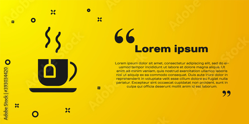 Black Cup of tea with tea bag icon isolated on yellow background. Vector.