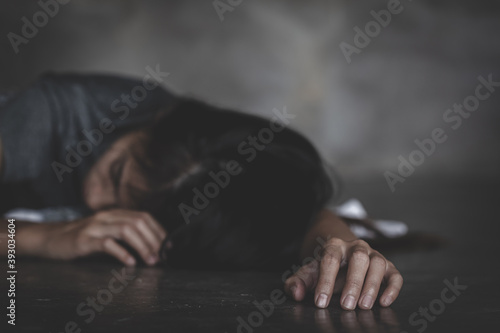 Woman bondage in angle of abandoned building , stop violence against Women, international women's day, Copy space