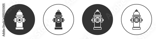 Black Fire hydrant icon isolated on white background. Circle button. Vector.