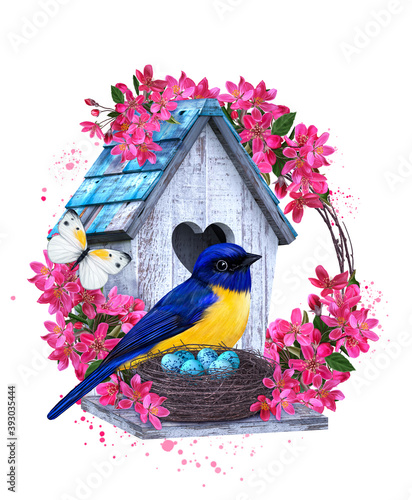 Blue-yellow bird titmouse sits near a nest with eggs, white birdhouse, blooming red apple tree, butterflies, spring easter background, 3D rendering, mixed media photo