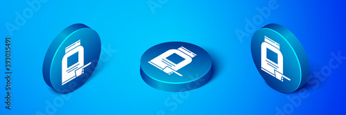 Isometric Sports nutrition bodybuilding proteine power drink and food icon isolated on blue background. Blue circle button. Vector.