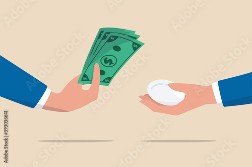 Inflation, reduction of money value to buy consumer product price or supplies food cost higher concept, businessman hand holding heap of dollar money banknote to buy an egg.