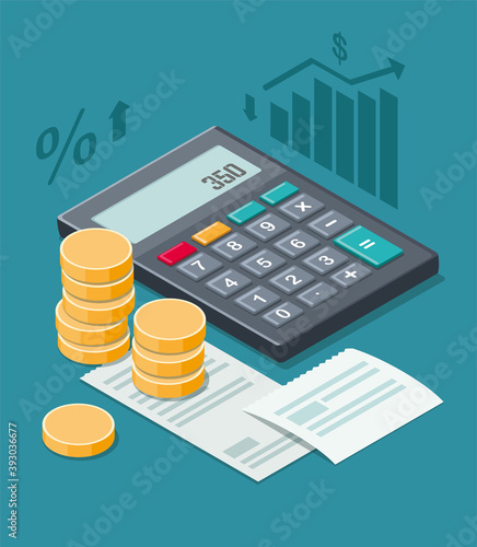 Financial planning with coins, calculator and cash receipt isolated on a blue background.  Isometric illustration
