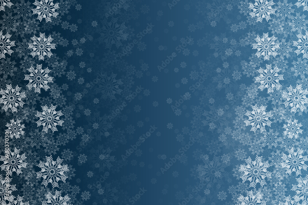 Winter pattern made of white snowflakes on blue gradient background. Winter concept. Flat lay