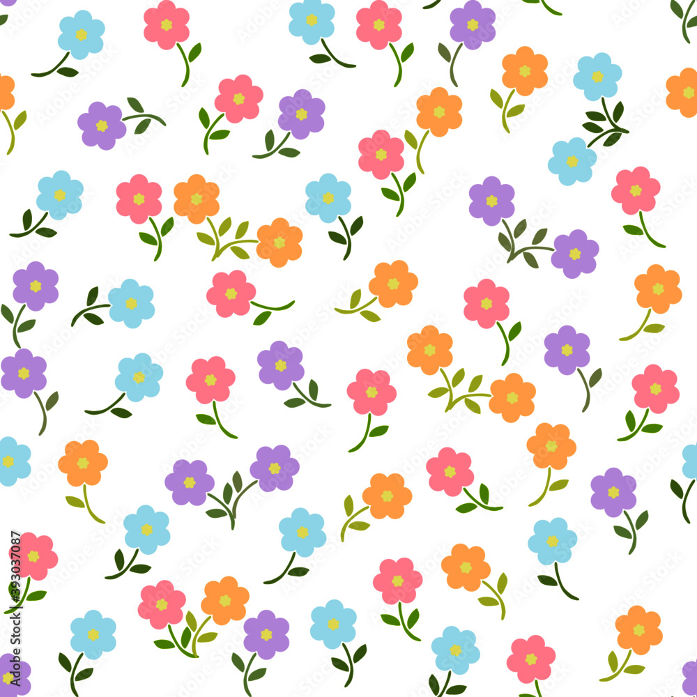Very colorful seamless pattern design of cute flowers that isolated on white background. Suitable for wrapping paper, wallpaper, fabric, backdrop and etc.
