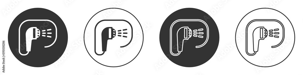 Black Shower head with water drops flowing icon isolated on white background. Circle button. Vector. Black Shower head with water drops flowing icon isolated on white background. Circle button. Vector.