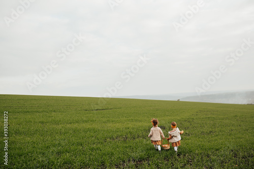 Friendship between little girls. They are walking on the green grass and holding basket. Back view. Best friends. Copy space.