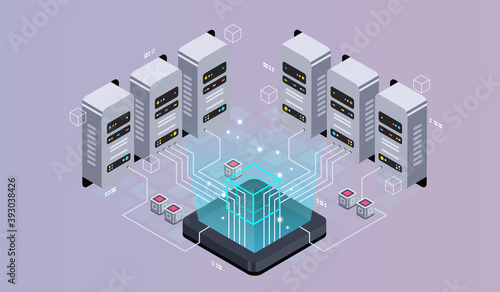 Hosting server isometric vector illustration. Digital service or app with data transfering. Online computing technology.