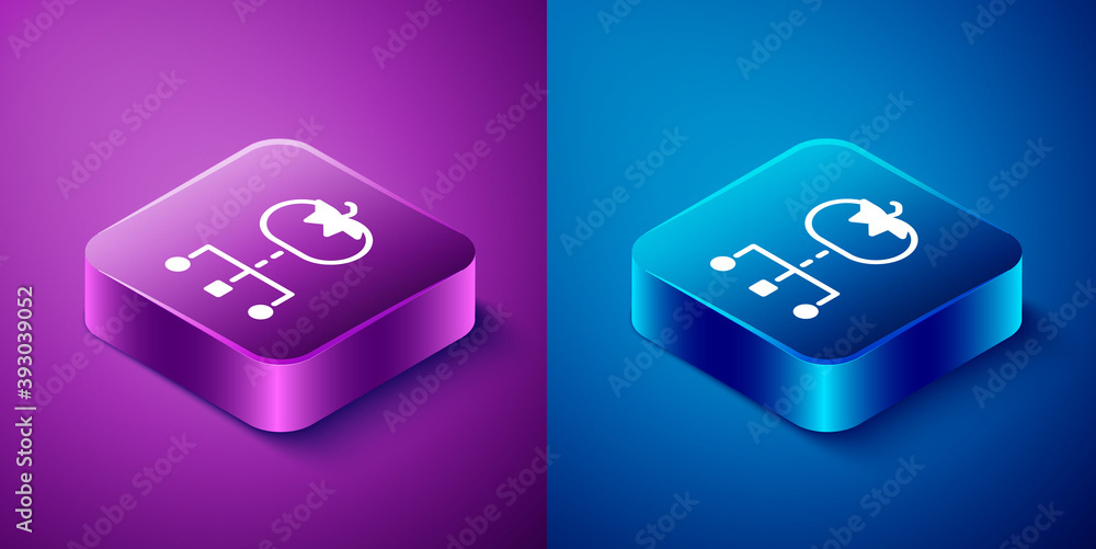 Isometric Genetically modified food icon isolated on blue and purple background. GMO fruit. Square button. Vector. Isometric Genetically modified food icon isolated on blue and purple background. GMO fruit. Square button. Vector.