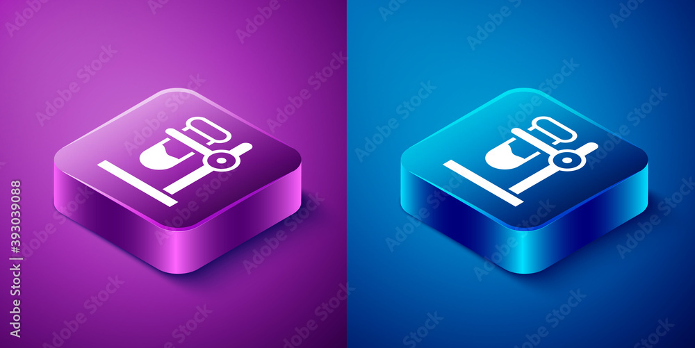 Isometric Glass test tube flask on stand icon isolated on blue and purple background. Laboratory equipment. Square button. Vector. Isometric Glass test tube flask on stand icon isolated on blue and purple background. Laboratory equipment. Square button. Vector.