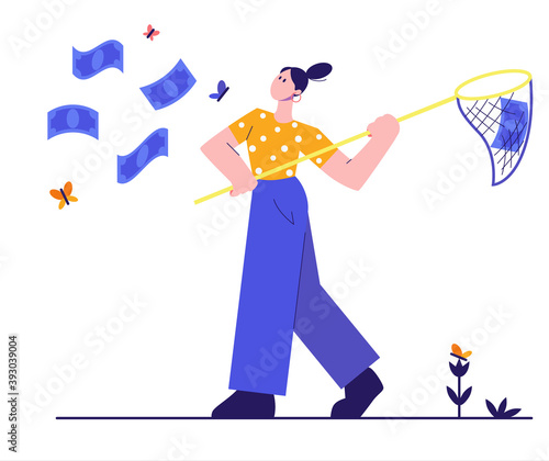 Woman trying to catch money with a net. Business concept. Vector flat illustration isolated on white background.