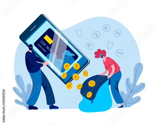 Hackers drained the money from the virtual card in the bag. Concept of a vector illustration on the topic of cybercrime and Bank card hacking.