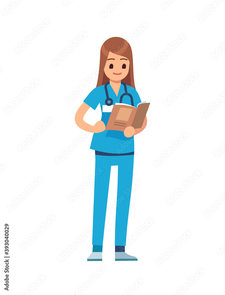 Nurse cartoon medical staff. Female doctor in blue uniform and stethoscope, surgeon or pharmacist standing, dentist professional medic occupation, flat vector cartoon character