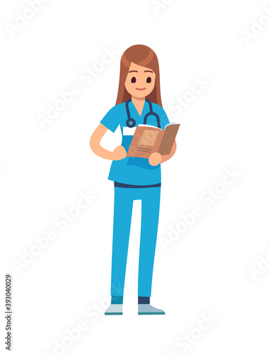 Nurse cartoon medical staff. Female doctor in blue uniform and stethoscope, surgeon or pharmacist standing, dentist professional medic occupation, flat vector cartoon character