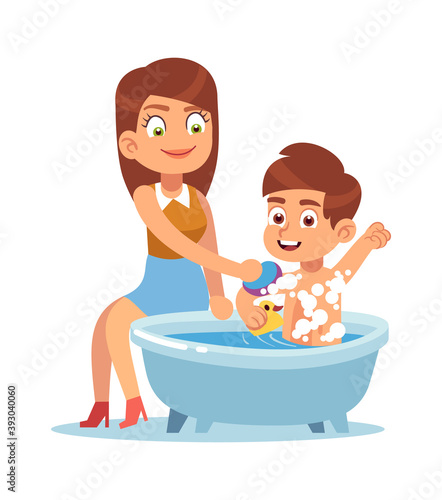 Daily mother. Mom bathes the child, mother helps boy take water treatments, washes with shampoo foam, kid every day routine body care and hygiene concept. Cartoon vector illustration