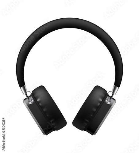 Music earphones. Realistic black stereo audio headphone, electronic personal big portable sound earbud, musical accessory advertisement, 3d single vector isolated illustration