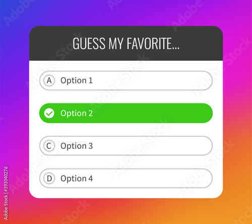 Quiz option. Question interface social media sticker, select and guess buttons mockup, frame on bright gradient background, windows with correct and incorrect answers, vector template